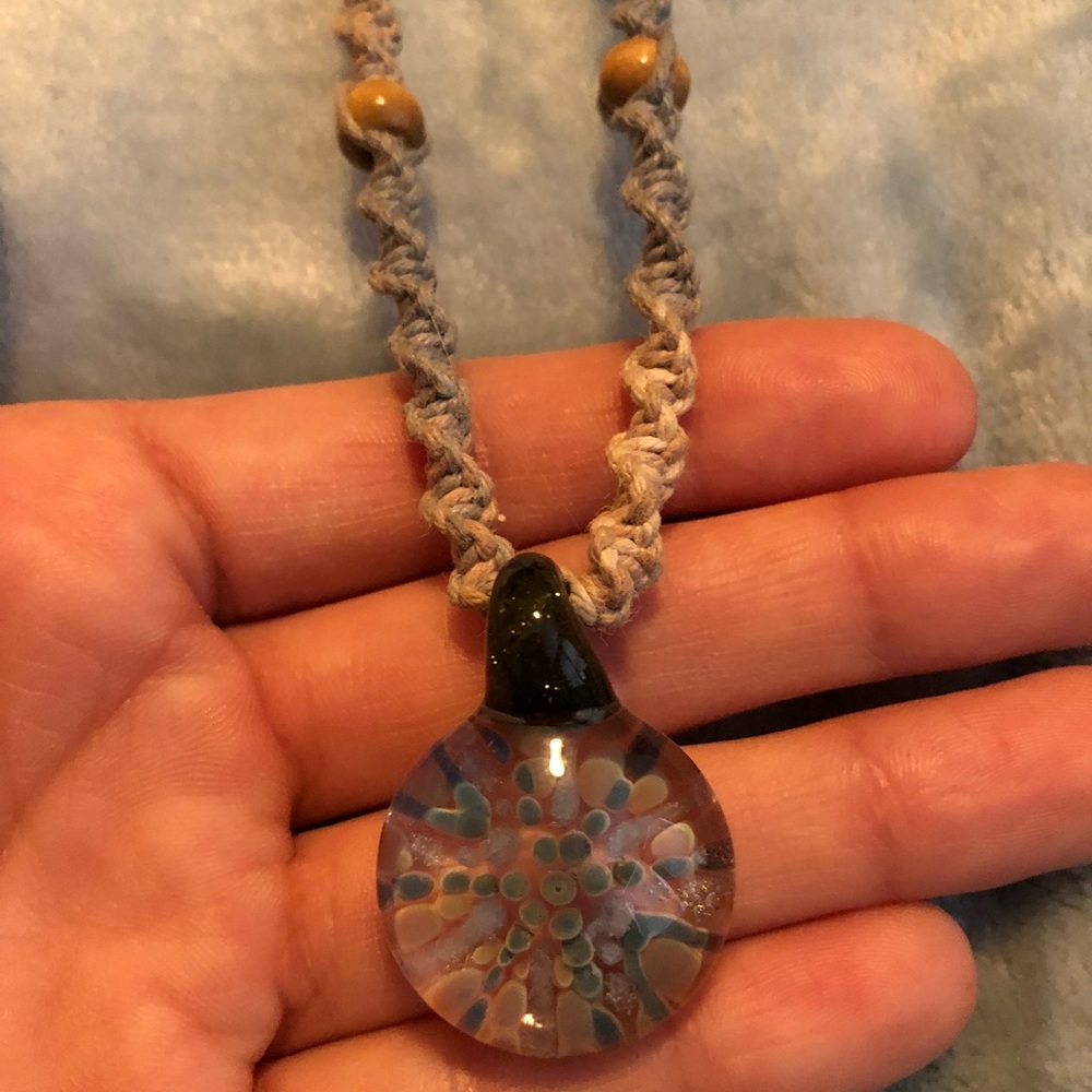 Handblown glass pendant with hemp chord